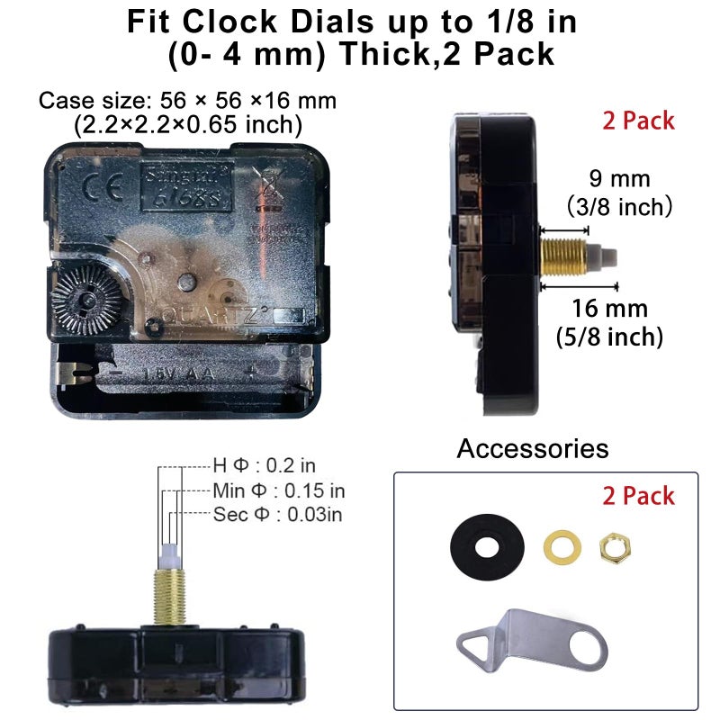 EMOON 2-Pack Silent Clock Movement Kit with 4 Pairs of Short Handsï¼ŒDIY Repair & Replacement Motor, Total Shaft Length 5/8 in - Image 4